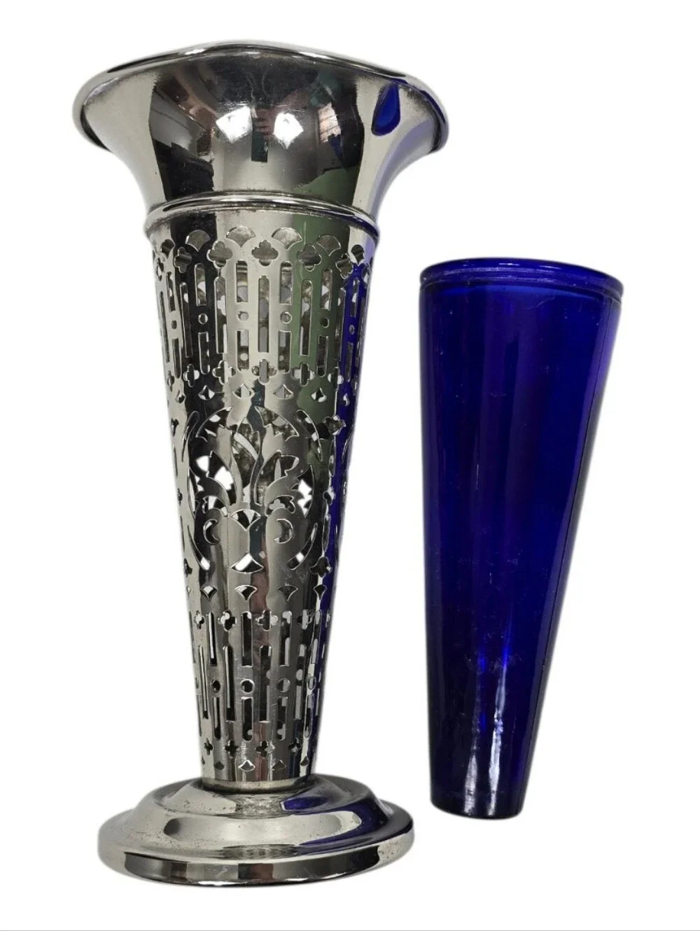 Vintage Godinger Silverplate Vase With Cobalt Blue Glass Liner Pierced Overlay